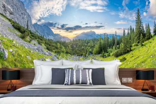 Blick zum Sonnenuntergang an der Reißenden Lahnspitze - Schea - Fototapete - Größe ca. 350x140cm, Seitenverhältnis 2,5:1 - Karwendel Soiern - weitere Infos unter https://www.kriner-weiermann.de