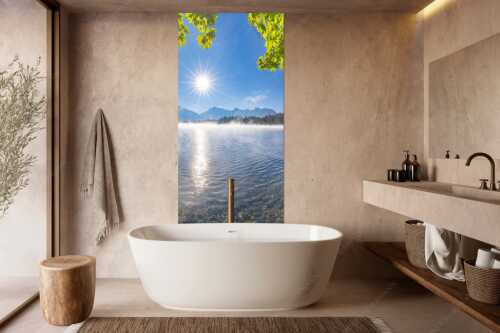 Morgennebel über dem Barmsee mit Karwendel-Silhouette - Uferleuchten - Wandbild - Größe ca. 100x200cm, Seitenverhältnis 1:2 - Barmsee Karwendel - weitere Infos unter https://www.kriner-weiermann.de