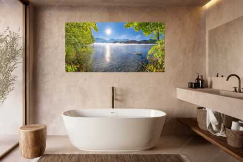 Morgennebel über dem Barmsee mit Karwendel-Silhouette - Uferleuchten - Wandbild - Größe ca. 180x90cm, Seitenverhältnis 2:1 - Barmsee Karwendel - weitere Infos unter https://www.kriner-weiermann.de