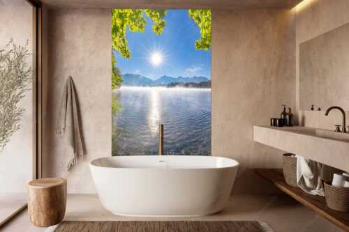 Morgennebel über dem Barmsee mit Karwendel-Silhouette - Uferleuchten - Wandbild - Größe ca. 160x240cm, Seitenverhältnis 2:3 - Barmsee Karwendel - weitere Infos unter https://www.kriner-weiermann.de