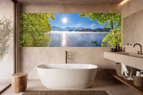 Morgennebel über dem Barmsee mit Karwendel-Silhouette - Uferleuchten - Wandbild - Größe ca. 300x100cm, Seitenverhältnis 3:1 - Barmsee Karwendel - weitere Infos unter https://www.kriner-weiermann.de