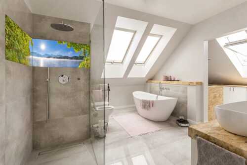 Morgennebel über dem Barmsee mit Karwendel-Silhouette - Uferleuchten - LED-Leuchtbild - 2-Teilig, Größe ca. 240x60cm, Seitenverhältnis 4:1 - Barmsee Karwendel - weitere Infos unter https://www.kriner-weiermann.de