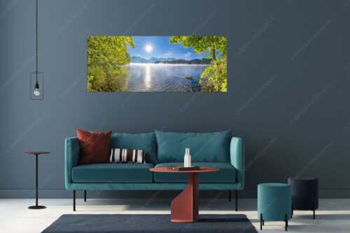Morgennebel über dem Barmsee mit Karwendel-Silhouette - Uferleuchten - Wandbild - Größe ca. 175x70cm, Seitenverhältnis 2,5:1 - Barmsee Karwendel - weitere Infos unter https://www.kriner-weiermann.de