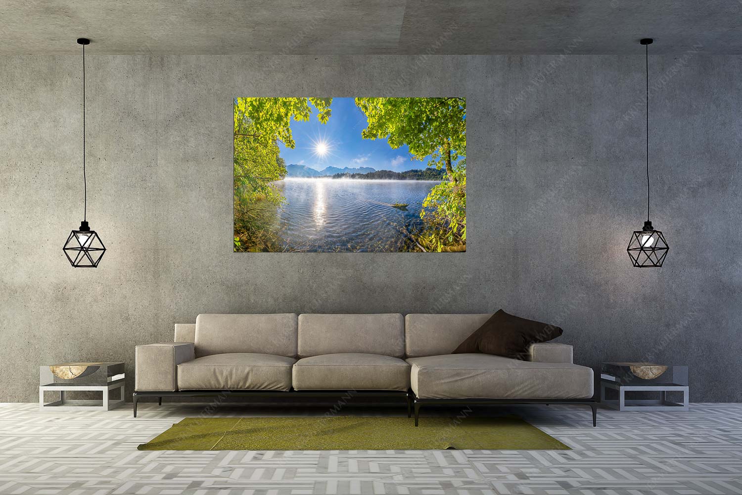 Uferleuchten – Wandbild – Größe ca. 180x120cm, Seitenverhältnis 3:2 — Barmsee Karwendel Morgennebel über dem Barmsee mit Karwendel-Silhouette - Uferleuchten - Wandbild - Größe ca. 180x120cm, Seitenverhältnis 3:2 - Barmsee Karwendel - weitere Infos unter https://www.kriner-weiermann.de