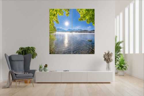 Morgennebel über dem Barmsee mit Karwendel-Silhouette - Uferleuchten - Wandbild - 4er Split, Größe ca. 180x180cm, Seitenverhältnis 1:1 - Barmsee Karwendel - weitere Infos unter https://www.kriner-weiermann.de