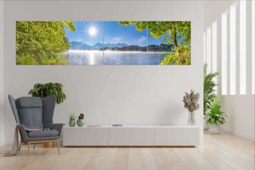 Morgennebel über dem Barmsee mit Karwendel-Silhouette - Uferleuchten - Wandbild - 4er Split, Größe ca. 280x70cm, Seitenverhältnis 4:1 - Barmsee Karwendel - weitere Infos unter https://www.kriner-weiermann.de