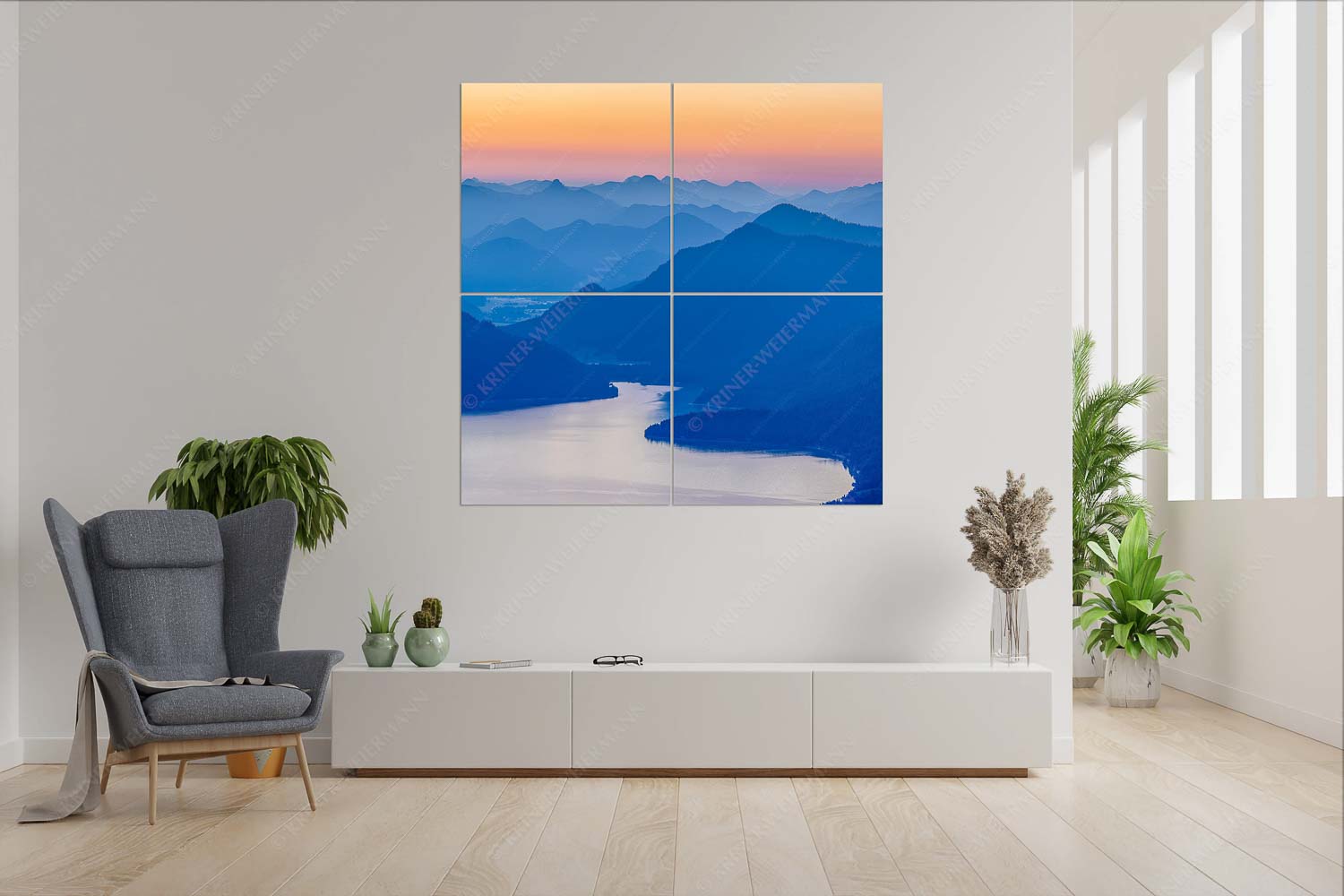 Blick über den Walchensee zur Benediktenwand und der Jachenau - Walchenseesilhouetten - Wandbild - 4er Split, Größe ca. 180x180cm, Seitenverhältnis 1:1 - Walchensee Jachenau Benediktenwand - weitere Infos unter https://www.kriner-weiermann.de