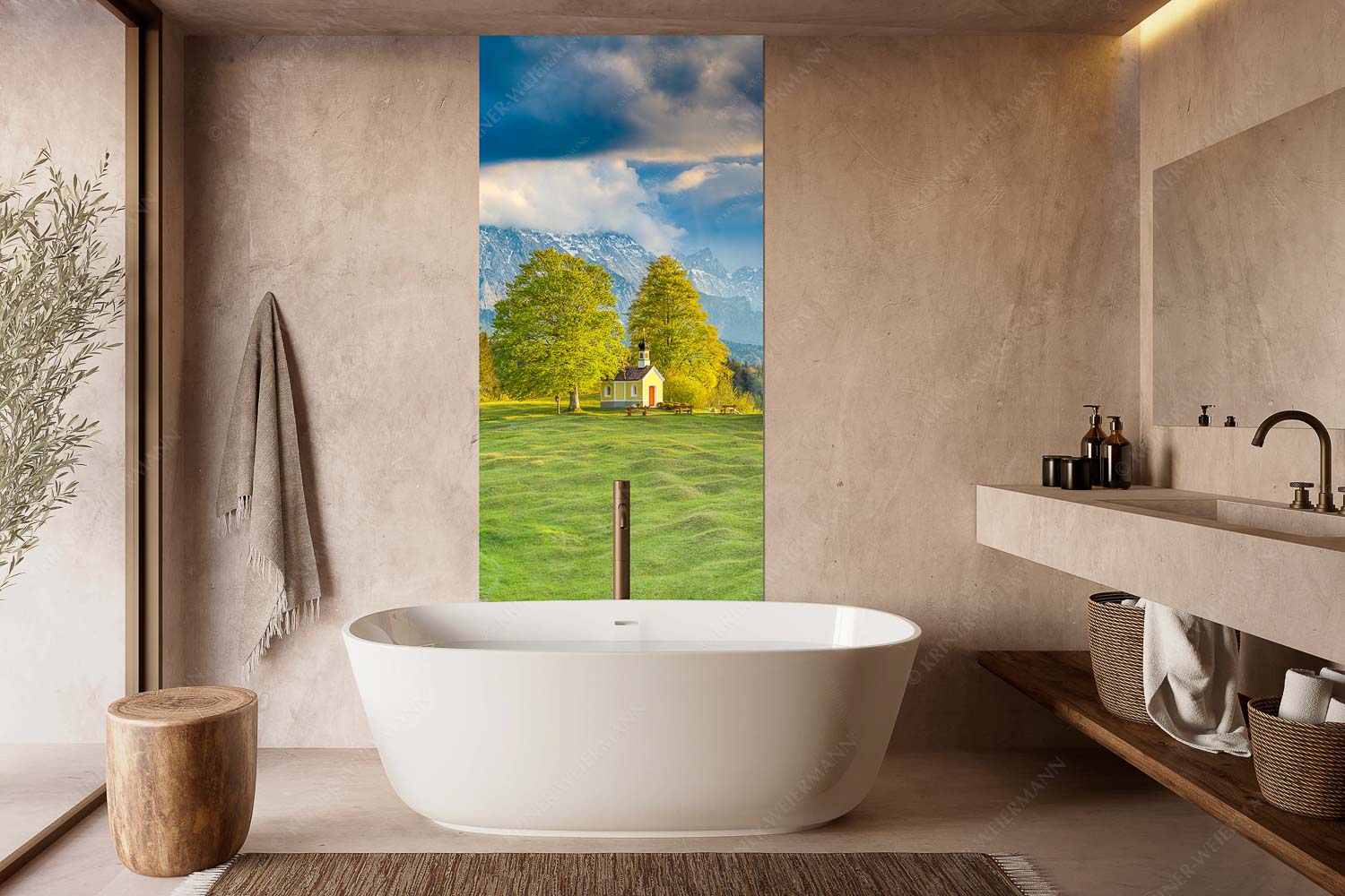 Wettersteinandacht – Wandbild – Größe ca. 100x200cm, Seitenverhältnis 1:2 — Kapelle Maria Rast Krün Blick über die Buickelwiesen und der Kapelle Maria Rast in Krün zum Wettersteingebirge - Wettersteinandacht - Wandbild - Größe ca. 100x200cm, Seitenverhältnis 1:2 - Kapelle Maria Rast Krün - weitere Infos unter https://www.kriner-weiermann.de