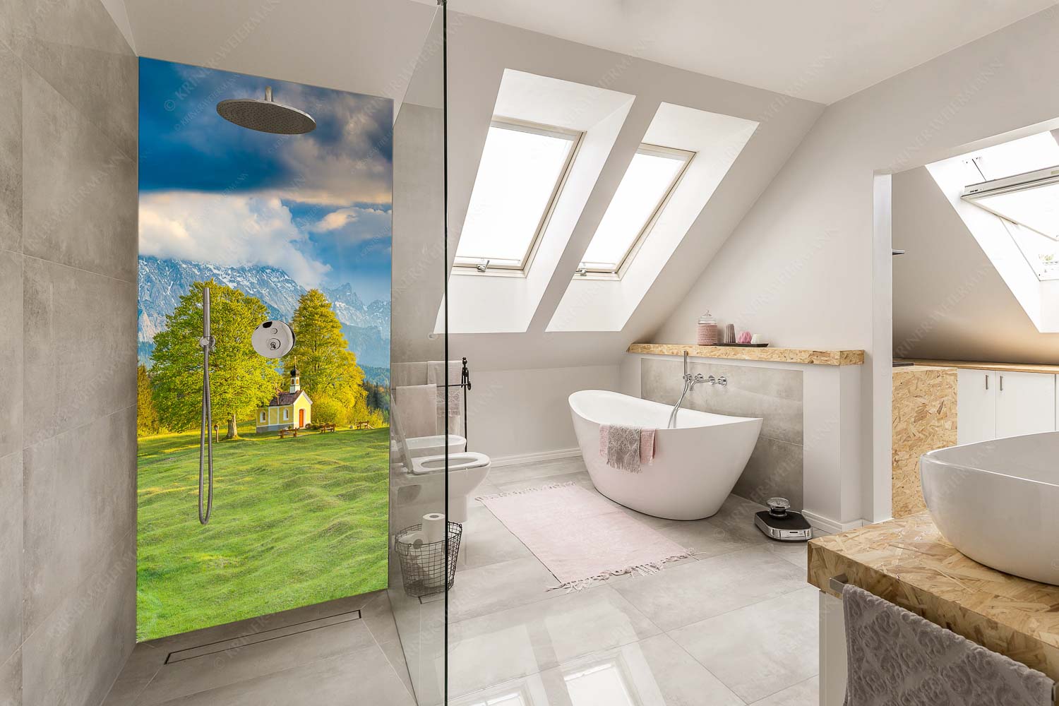 Wettersteinandacht – Alu-Dibond Badezimmer Bild – Größe ca. 110x220cm, Seitenverhältnis 1:2 — Kapelle Maria Rast Krün Blick über die Buickelwiesen und der Kapelle Maria Rast in Krün zum Wettersteingebirge - Wettersteinandacht - Alu-Dibond Badezimmer Bild - Größe ca. 110x220cm, Seitenverhältnis 1:2 - Kapelle Maria Rast Krün - weitere Infos unter https://www.kriner-weiermann.de