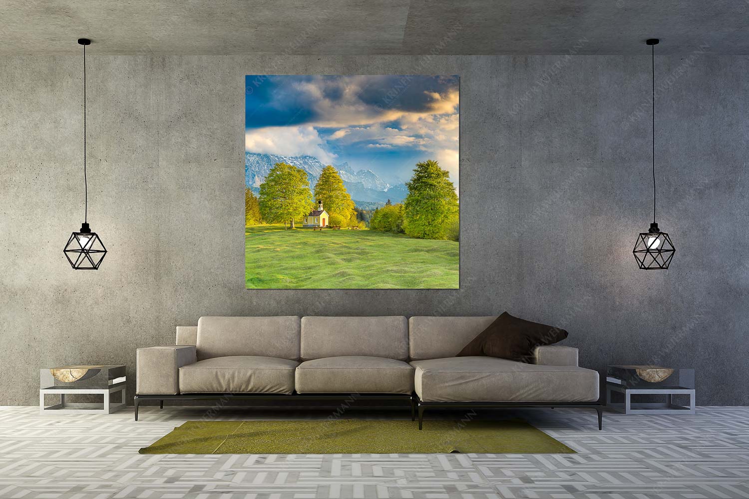 Wettersteinandacht – Wandbild – Größe ca. 160x160cm, Seitenverhältnis 1:1 — Kapelle Maria Rast Krün Blick über die Buickelwiesen und der Kapelle Maria Rast in Krün zum Wettersteingebirge - Wettersteinandacht - Wandbild - Größe ca. 160x160cm, Seitenverhältnis 1:1 - Kapelle Maria Rast Krün - weitere Infos unter https://www.kriner-weiermann.de