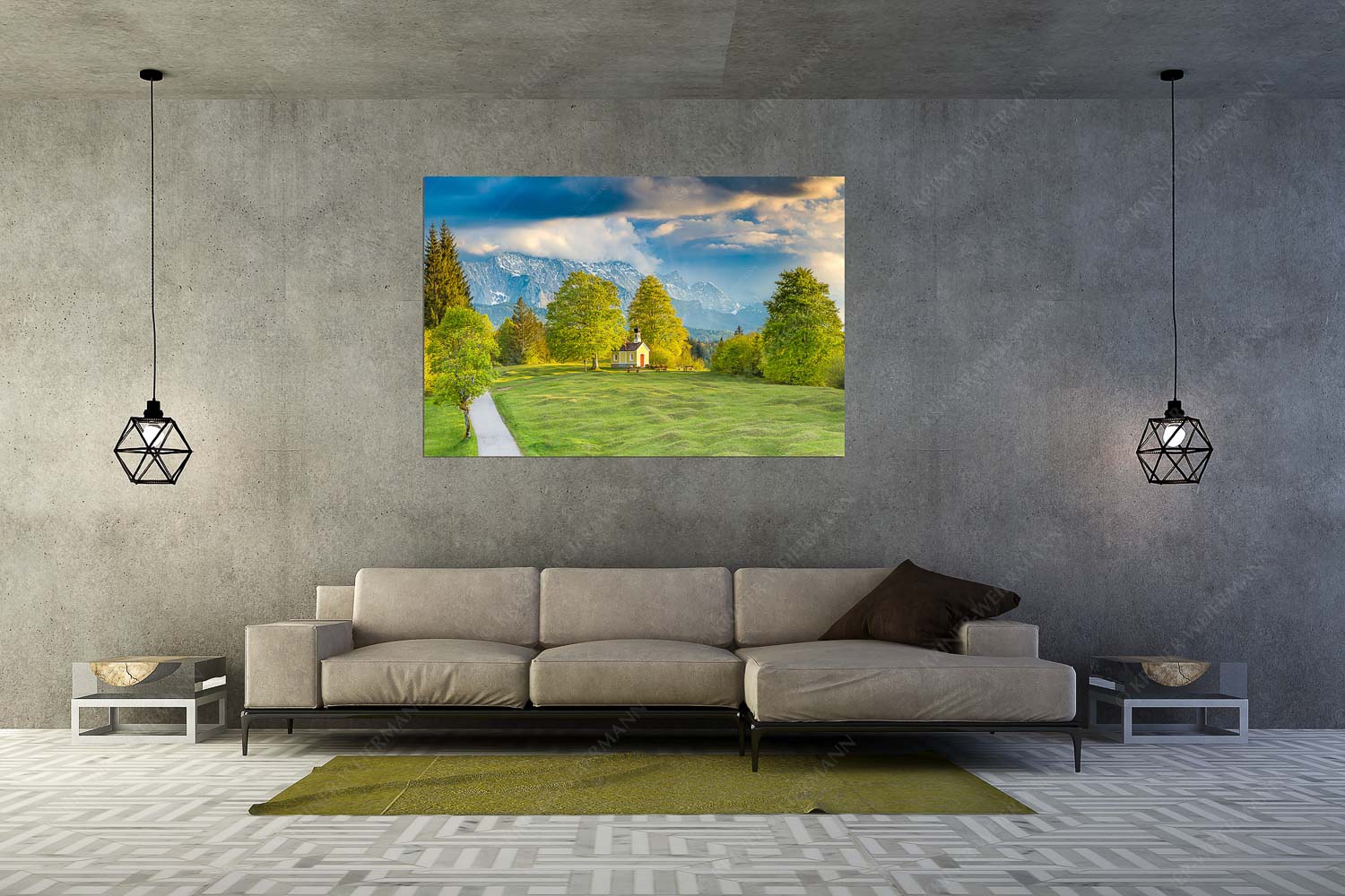 Blick über die Buickelwiesen und der Kapelle Maria Rast in Krün zum Wettersteingebirge - Wettersteinandacht - Wandbild - Größe ca. 180x120cm, Seitenverhältnis 3:2 - Kapelle Maria Rast Krün - weitere Infos unter https://www.kriner-weiermann.de