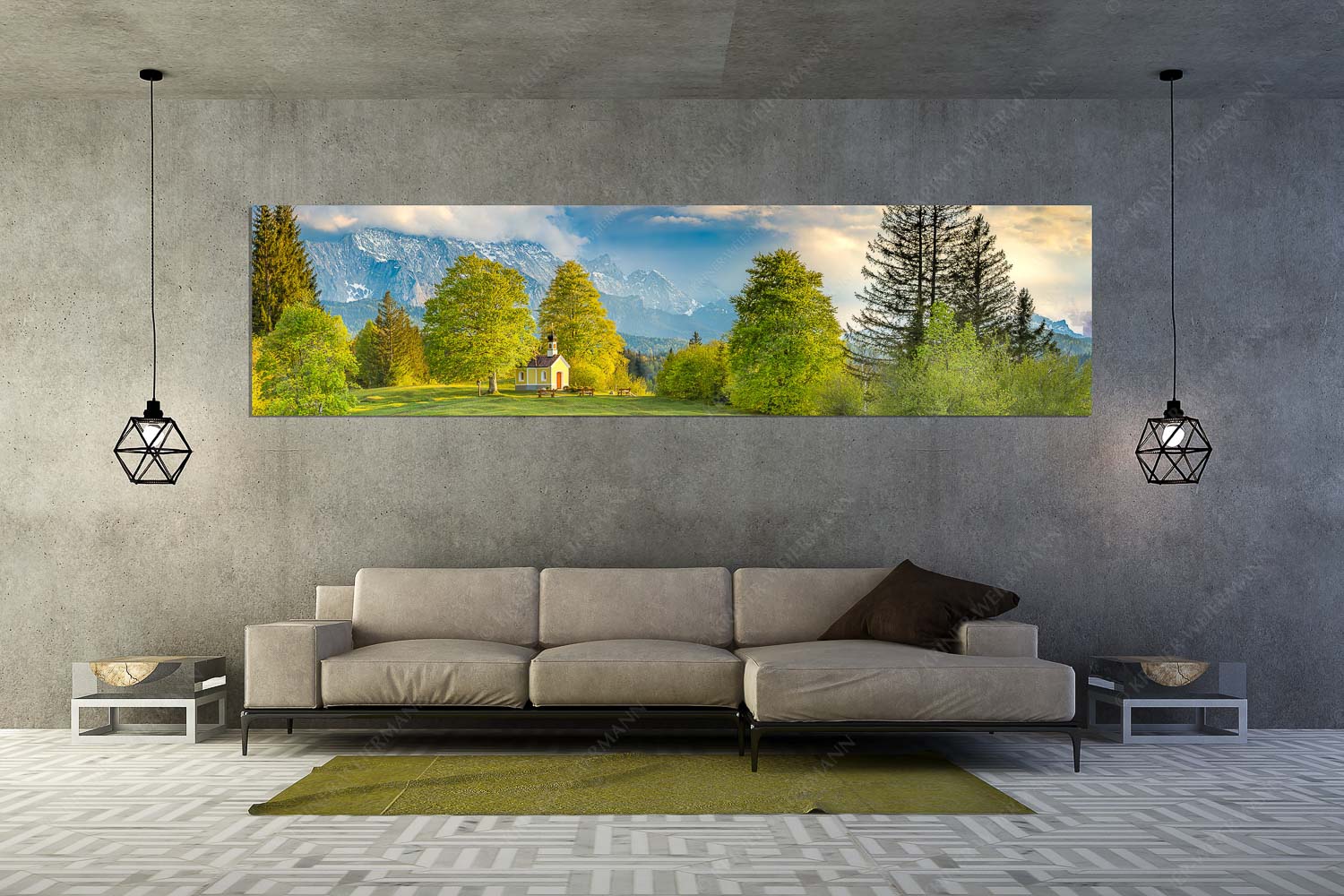 Wettersteinandacht – Wandbild – Größe ca. 320x80cm, Seitenverhältnis 4:1 — Kapelle Maria Rast Krün Blick über die Buickelwiesen und der Kapelle Maria Rast in Krün zum Wettersteingebirge - Wettersteinandacht - Wandbild - Größe ca. 320x80cm, Seitenverhältnis 4:1 - Kapelle Maria Rast Krün - weitere Infos unter https://www.kriner-weiermann.de
