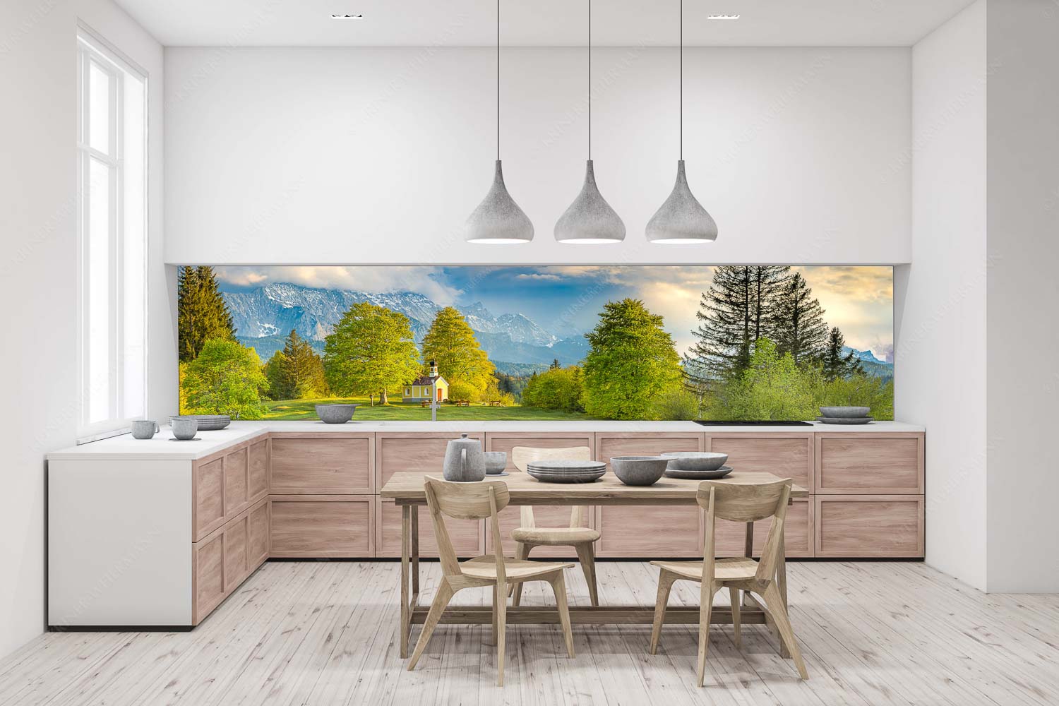 Wettersteinandacht – Küchenrückwand – Größe ca. 400x100cm, Seitenverhältnis 4:1 — Kapelle Maria Rast Krün Blick über die Buickelwiesen und der Kapelle Maria Rast in Krün zum Wettersteingebirge - Wettersteinandacht - Küchenrückwand - Größe ca. 400x100cm, Seitenverhältnis 4:1 - Kapelle Maria Rast Krün - weitere Infos unter https://www.kriner-weiermann.de