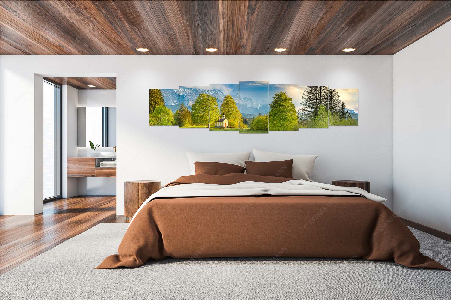 Wettersteinandacht – Wandbild – 7er Split, Größe ca. 300x75cm, Seitenverhältnis 4:1 — Kapelle Maria Rast Krün Blick über die Buickelwiesen und der Kapelle Maria Rast in Krün zum Wettersteingebirge - Wettersteinandacht - Wandbild - 7er Split, Größe ca. 300x75cm, Seitenverhältnis 4:1 - Kapelle Maria Rast Krün - weitere Infos unter https://www.kriner-weiermann.de