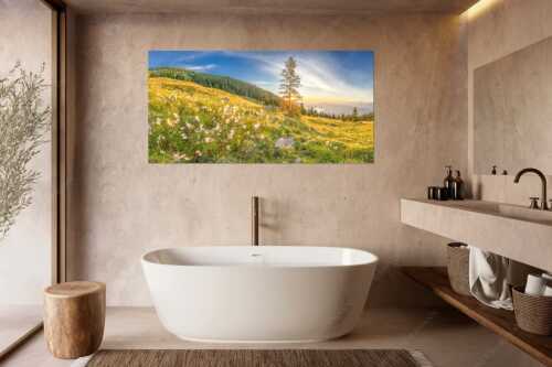 Almwiese am Simetsberg mit Walchensee - Wollgras im Morgenlicht - Wandbild - Größe ca. 180x90cm, Seitenverhältnis 2:1 - Estergebirge Walchensee - weitere Infos unter https://www.kriner-weiermann.de