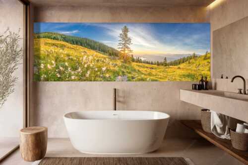 Almwiese am Simetsberg mit Walchensee - Wollgras im Morgenlicht - Wandbild - Größe ca. 300x100cm, Seitenverhältnis 3:1 - Estergebirge Walchensee - weitere Infos unter https://www.kriner-weiermann.de