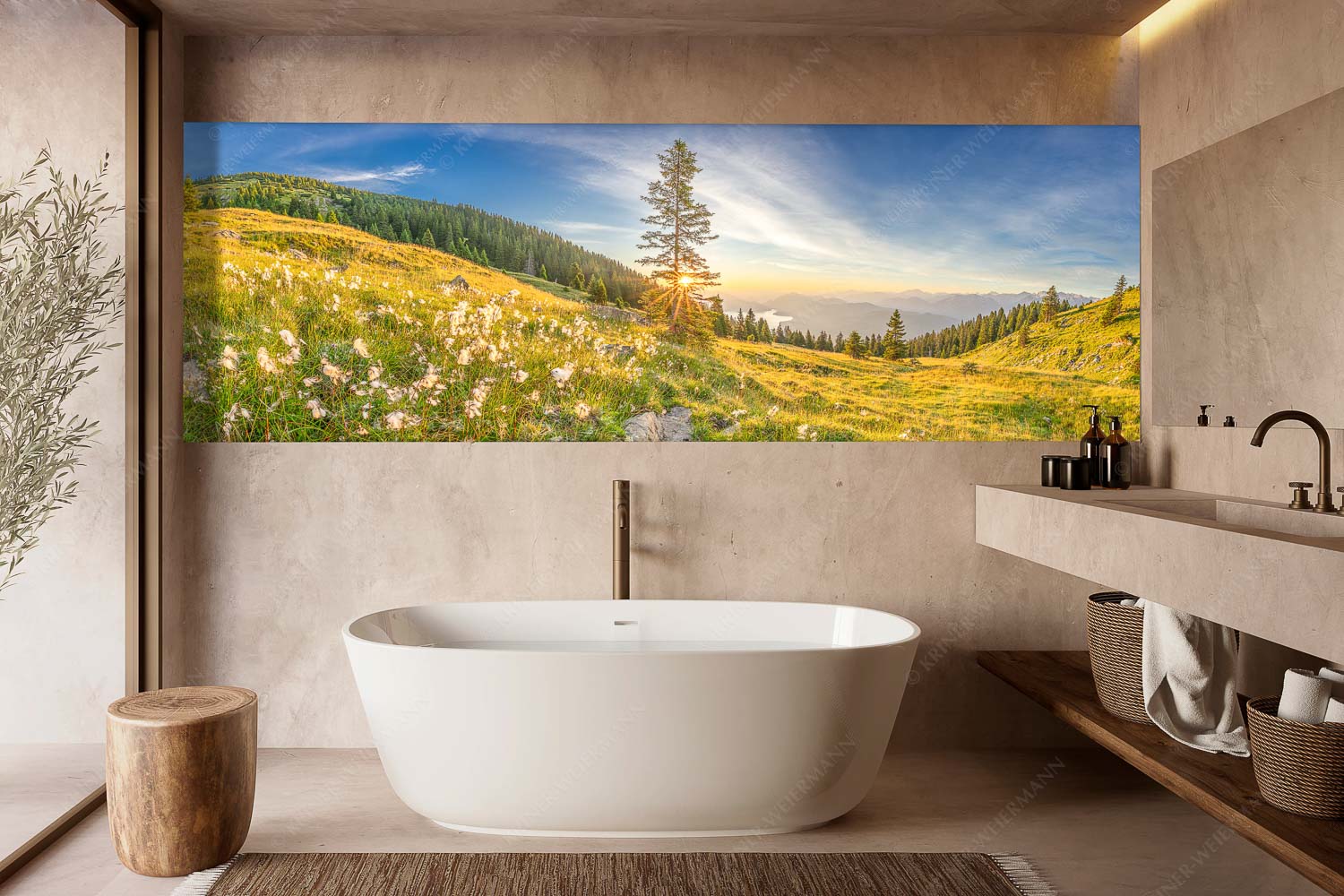 Almwiese am Simetsberg mit Walchensee - Wollgras im Morgenlicht - Wandbild - Größe ca. 300x100cm, Seitenverhältnis 3:1 - Estergebirge Walchensee - weitere Infos unter https://www.kriner-weiermann.de