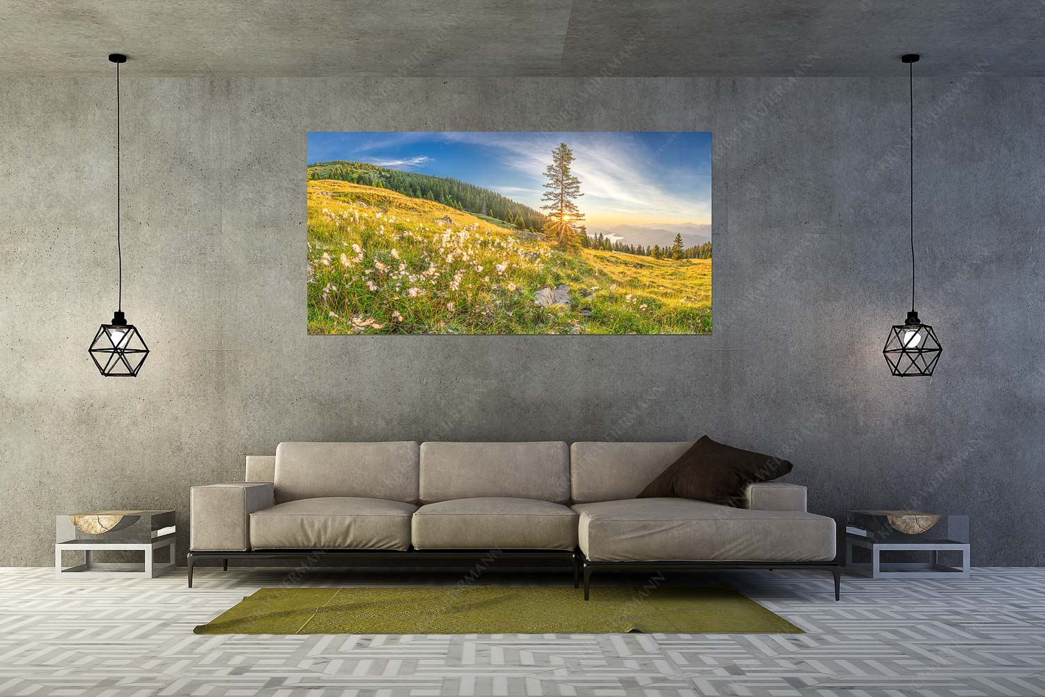 Wollgras im Morgenlicht – Wandbild – Größe ca. 200x100cm, Seitenverhältnis 2:1 — Estergebirge Walchensee Almwiese am Simetsberg mit Walchensee - Wollgras im Morgenlicht - Wandbild - Größe ca. 200x100cm, Seitenverhältnis 2:1 - Estergebirge Walchensee - weitere Infos unter https://www.kriner-weiermann.de