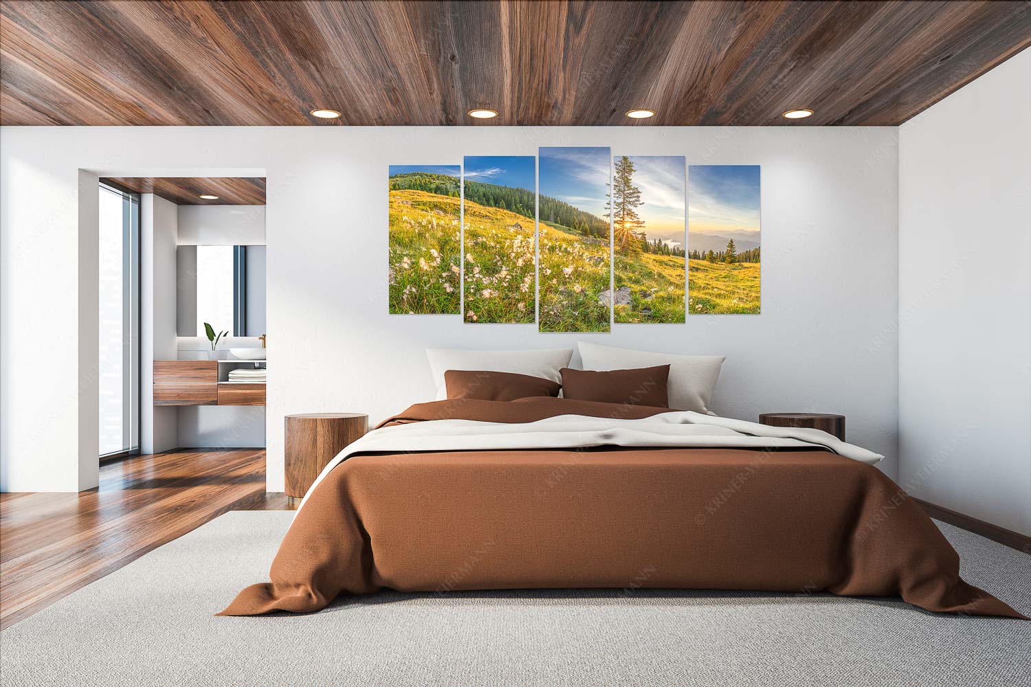 Wollgras im Morgenlicht – Wandbild – 5er Split, Größe ca. 200x100cm, Seitenverhältnis 2:1 — Estergebirge Walchensee Almwiese am Simetsberg mit Walchensee - Wollgras im Morgenlicht - Wandbild - 5er Split, Größe ca. 200x100cm, Seitenverhältnis 2:1 - Estergebirge Walchensee - weitere Infos unter https://www.kriner-weiermann.de