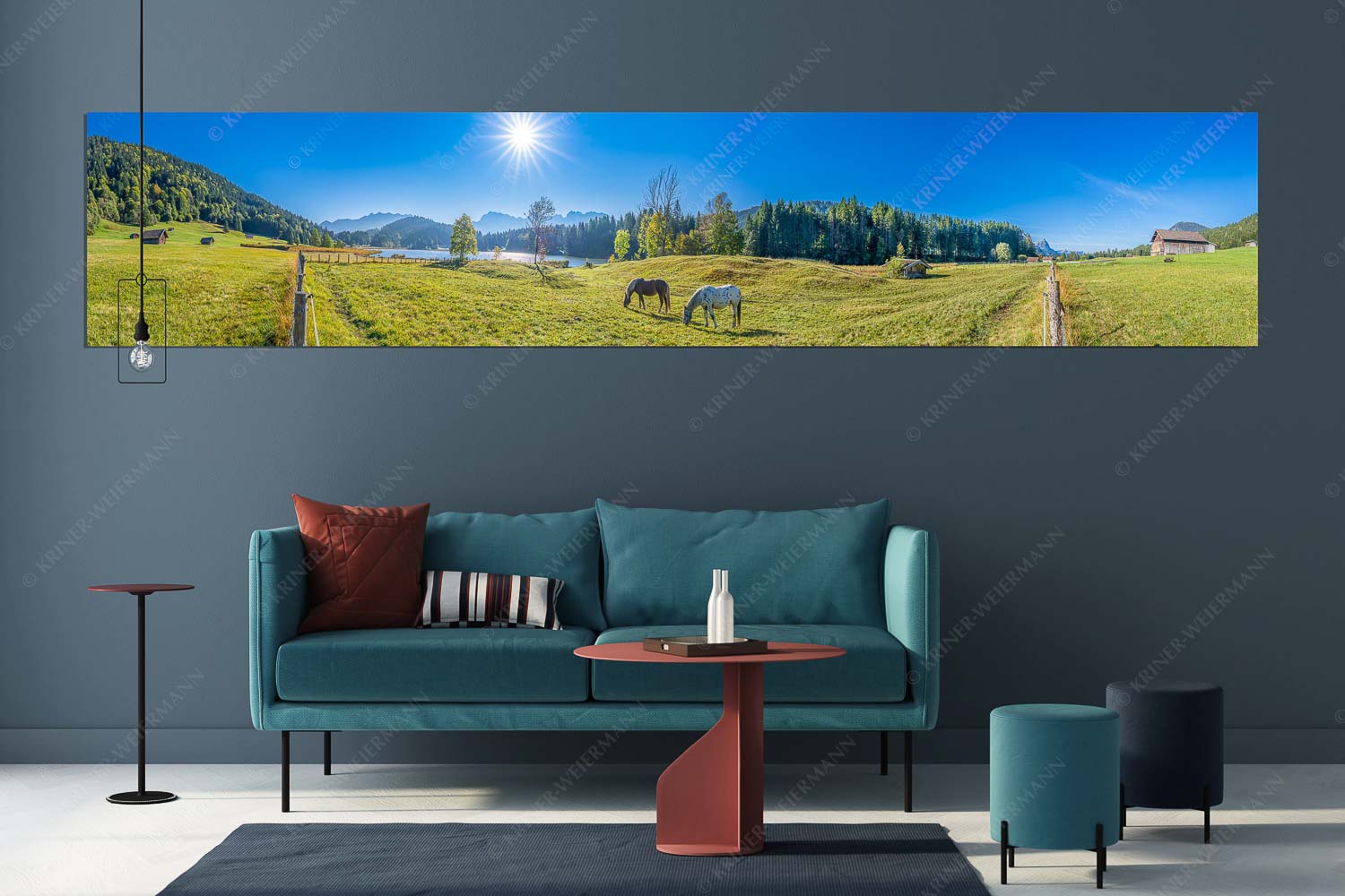 Zwischen Pferd und Berg – Wandbild – Größe ca. 350x70cm, Seitenverhältnis 5:1 — Geroldsee Karwendel Zwei Pferde auf Herbstweide vor dem Geroldsee mit Blick zum Wörner im Karwendel - Zwischen Pferd und Berg - Wandbild - Größe ca. 350x70cm, Seitenverhältnis 5:1 - Geroldsee Karwendel - weitere Infos unter https://www.kriner-weiermann.de