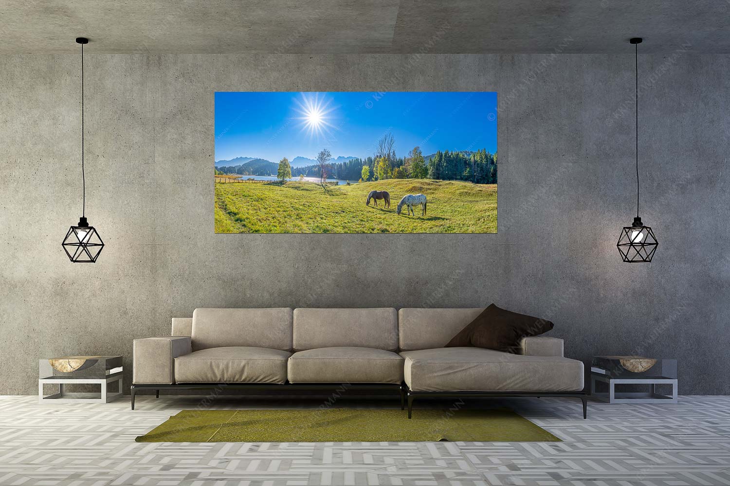 Zwei Pferde auf Herbstweide vor dem Geroldsee mit Blick zum Wörner im Karwendel - Zwischen Pferd und Berg - Wandbild - Größe ca. 200x100cm, Seitenverhältnis 2:1 - Geroldsee Karwendel - weitere Infos unter https://www.kriner-weiermann.de