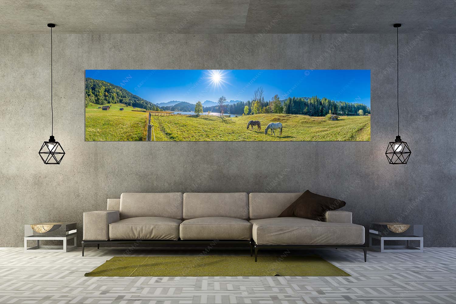 Zwischen Pferd und Berg – Wandbild – Größe ca. 320x80cm, Seitenverhältnis 4:1 — Geroldsee Karwendel Zwei Pferde auf Herbstweide vor dem Geroldsee mit Blick zum Wörner im Karwendel - Zwischen Pferd und Berg - Wandbild - Größe ca. 320x80cm, Seitenverhältnis 4:1 - Geroldsee Karwendel - weitere Infos unter https://www.kriner-weiermann.de