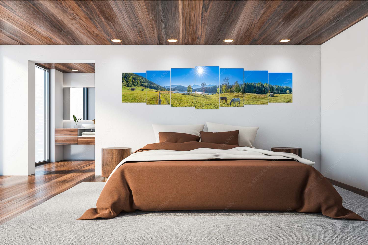 Zwischen Pferd und Berg – Wandbild – 7er Split, Größe ca. 300x75cm, Seitenverhältnis 4:1 — Geroldsee Karwendel Zwei Pferde auf Herbstweide vor dem Geroldsee mit Blick zum Wörner im Karwendel - Zwischen Pferd und Berg - Wandbild - 7er Split, Größe ca. 300x75cm, Seitenverhältnis 4:1 - Geroldsee Karwendel - weitere Infos unter https://www.kriner-weiermann.de