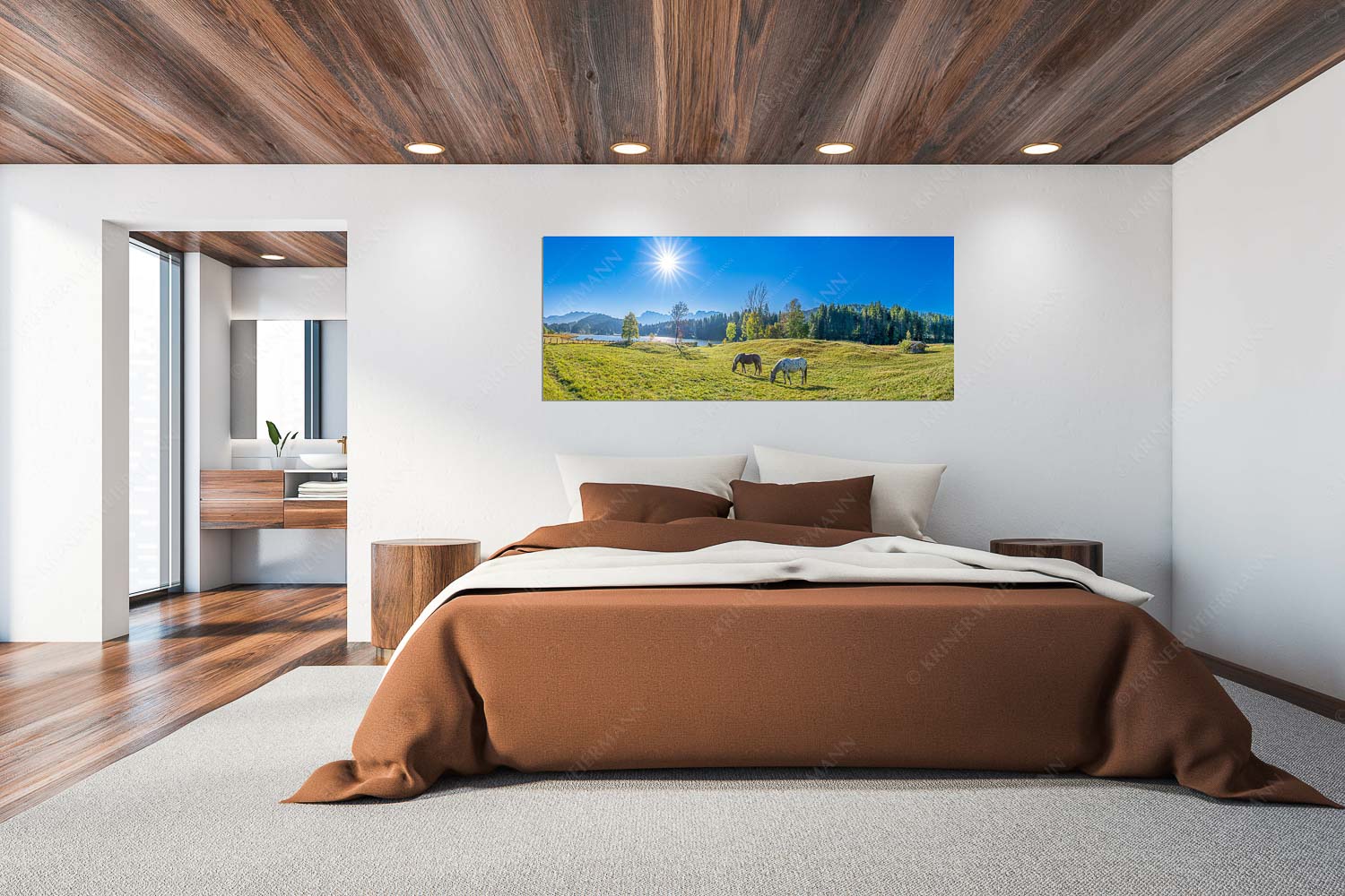 Zwischen Pferd und Berg – Wandbild – Größe ca. 200x80cm, Seitenverhältnis 2,5:1 — Geroldsee Karwendel Zwei Pferde auf Herbstweide vor dem Geroldsee mit Blick zum Wörner im Karwendel - Zwischen Pferd und Berg - Wandbild - Größe ca. 200x80cm, Seitenverhältnis 2,5:1 - Geroldsee Karwendel - weitere Infos unter https://www.kriner-weiermann.de