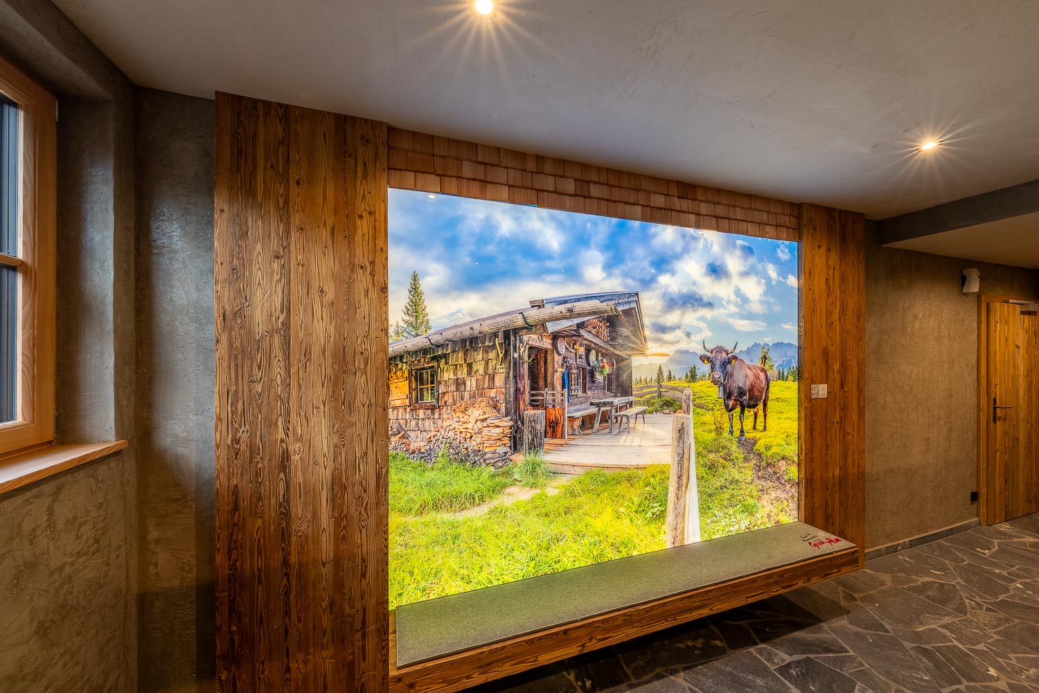 Bildmotiv -Almbiente- Alm bei Mittenwald mit Karwendel - Gröblalm Mittenwald - LED-Leuchtbild im ESG Schutzglas