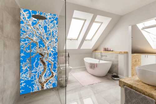 Neuschnee an altem Ahornbaum - Geäst - Alu-Dibond Badezimmer Bild - Größe ca. 110x220cm, Seitenverhältnis 1:2 - Ahornbaum Winter - weitere Infos unter https://www.kriner-weiermann.de