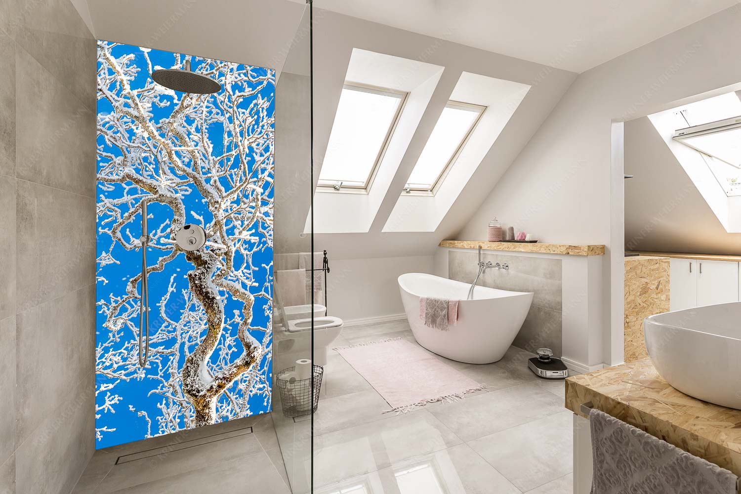 Neuschnee an altem Ahornbaum - Geäst - Alu-Dibond Badezimmer Bild - Größe ca. 110x220cm, Seitenverhältnis 1:2 - Ahornbaum Winter - weitere Infos unter https://www.kriner-weiermann.de