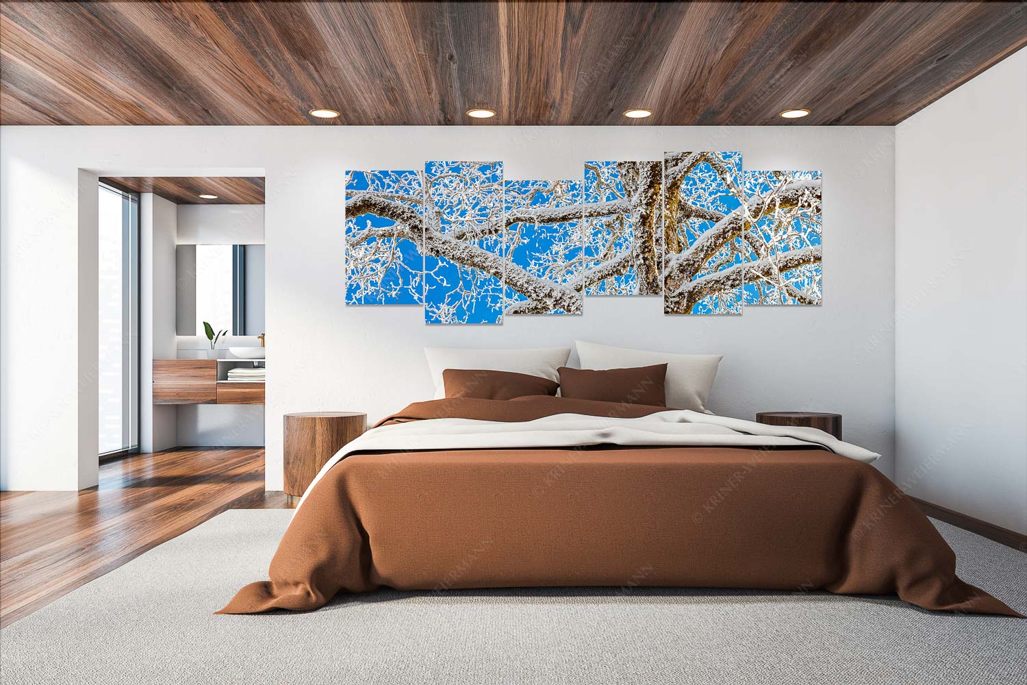 Neuschnee an altem Ahornbaum - Geäst - Wandbild - 6er Split, Größe ca. 280x112cm, Seitenverhältnis 2,5:1 - Ahornbaum Winter - weitere Infos unter https://www.kriner-weiermann.de