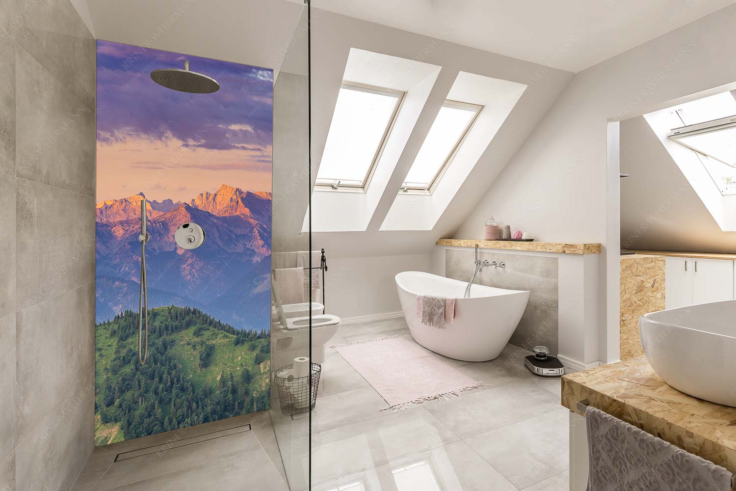 Karwendel Erwacht – Alu-Dibond Badezimmer Bild – Größe ca. 110x220cm, Seitenverhältnis 1:2 — Alpines Morgenpanorama Panoramablick auf die Nordwände des Karwendels im ersten Morgenlicht - Karwendel Erwacht - Alu-Dibond Badezimmer Bild - Größe ca. 110x220cm, Seitenverhältnis 1:2 - Alpines Morgenpanorama - weitere Infos unter https://www.kriner-weiermann.de