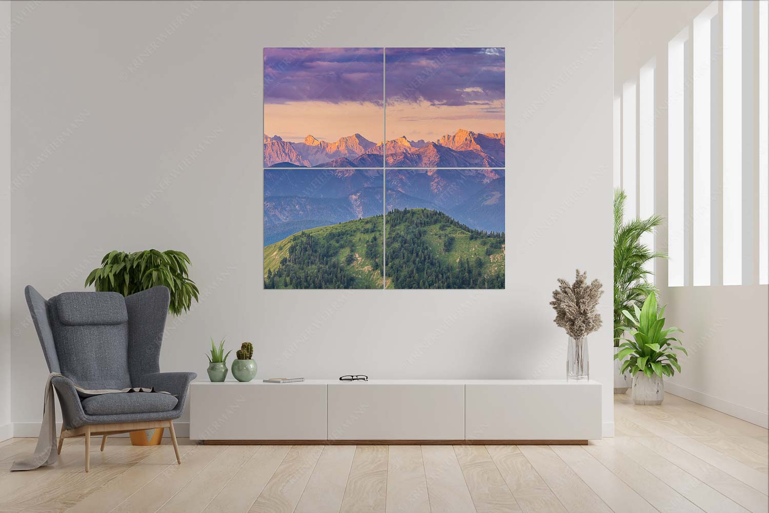 Karwendel Erwacht – Wandbild – 4er Split, Größe ca. 180x180cm, Seitenverhältnis 1:1 — Alpines Morgenpanorama Panoramablick auf die Nordwände des Karwendels im ersten Morgenlicht - Karwendel Erwacht - Wandbild - 4er Split, Größe ca. 180x180cm, Seitenverhältnis 1:1 - Alpines Morgenpanorama - weitere Infos unter https://www.kriner-weiermann.de