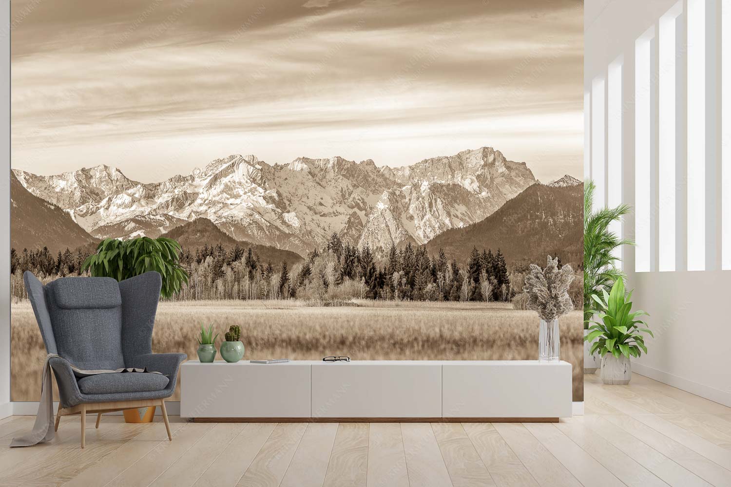 Loisachtal – Fototapete – Größe ca. 300x200cm, Seitenverhältnis 3:2 — Murnau bis zum Wetterstein Blick von Murnau durchs Loisachtal zum Wettersteinmassiv mit Alpspitze und Zugspitze - Loisachtal - Fototapete - Größe ca. 300x200cm, Seitenverhältnis 3:2 - Murnau bis zum Wetterstein - weitere Infos unter https://www.kriner-weiermann.de