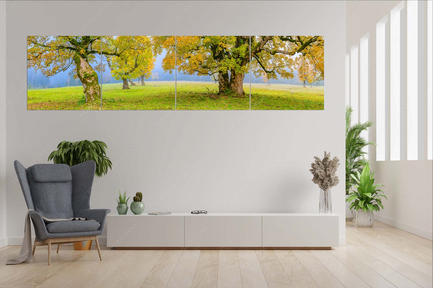 Stille Farben – Wandbild – 4er Split, Größe ca. 280x70cm, Seitenverhältnis 4:1 — Bergahorne Herbst Karwend Bergahorne in herbstlicher Pracht im Karwendelgebirge - Stille Farben - Wandbild - 4er Split, Größe ca. 280x70cm, Seitenverhältnis 4:1 - Bergahorne Herbst Karwend - weitere Infos unter https://www.kriner-weiermann.de