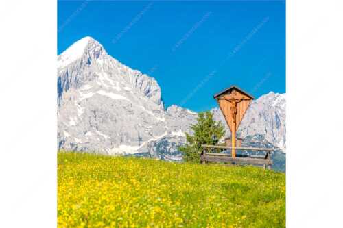 Blick über Blumenwiese am Eckbauer zum Zugspitzmassiv - Wegkreuz - Seitenverhältnis 1:1 - Alpine Kulturlandschaft Alpspitze Zugspitze - weitere Infos unter https://www.kriner-weiermann.de