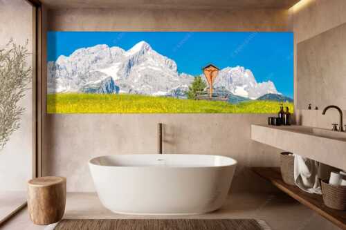 Blick über Blumenwiese am Eckbauer zum Zugspitzmassiv - Wegkreuz - Wandbild - Größe ca. 300x100cm, Seitenverhältnis 3:1 - Alpine Kulturlandschaft Alpspitze Zugspitze - weitere Infos unter https://www.kriner-weiermann.de