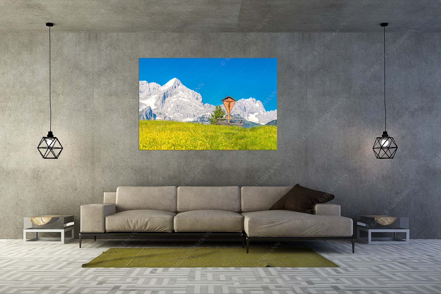 Wegkreuz – Wandbild – Größe ca. 180x120cm, Seitenverhältnis 3:2 — Alpine Kulturlandschaft Alpspitze Zugspitze Blick über Blumenwiese am Eckbauer zum Zugspitzmassiv - Wegkreuz - Wandbild - Größe ca. 180x120cm, Seitenverhältnis 3:2 - Alpine Kulturlandschaft Alpspitze Zugspitze - weitere Infos unter https://www.kriner-weiermann.de