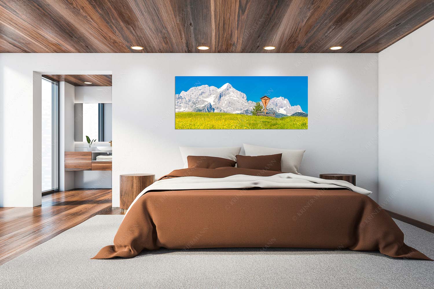 Wegkreuz – Wandbild – Größe ca. 200x80cm, Seitenverhältnis 2,5:1 — Alpine Kulturlandschaft Alpspitze Zugspitze Blick über Blumenwiese am Eckbauer zum Zugspitzmassiv - Wegkreuz - Wandbild - Größe ca. 200x80cm, Seitenverhältnis 2,5:1 - Alpine Kulturlandschaft Alpspitze Zugspitze - weitere Infos unter https://www.kriner-weiermann.de
