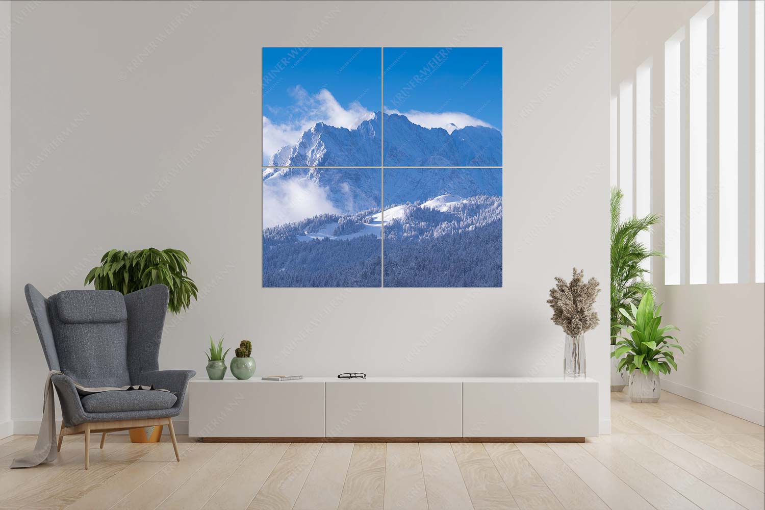 Wetterstein-Rendezvous – Wandbild – 4er Split, Größe ca. 180x180cm, Seitenverhältnis 1:1 — Hoher Kranzberg mit Wettersteinspitzen Nach Neuschneefällen präsentieren sich das Kranzberggebiet mit den hoch aufragenden Wettersteinwänden - Wetterstein-Rendezvous - Wandbild - 4er Split, Größe ca. 180x180cm, Seitenverhältnis 1:1 - Hoher Kranzberg mit Wettersteinspitzen - weitere Infos unter https://www.kriner-weiermann.de