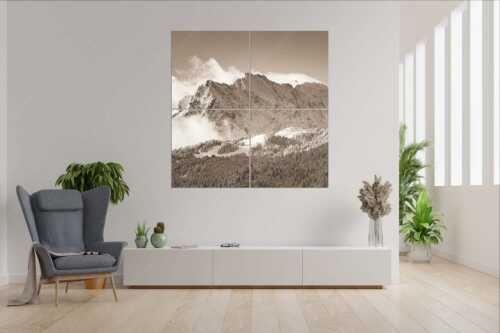 Nach Neuschneefällen präsentieren sich das Kranzberggebiet mit den hoch aufragenden Wettersteinwänden - Wetterstein-Rendezvous - Wandbild - 4er Split, Größe ca. 180x180cm, Seitenverhältnis 1:1 - Hoher Kranzberg mit Wettersteinspitzen - weitere Infos unter https://www.kriner-weiermann.de