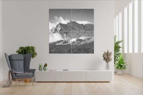 Nach Neuschneefällen präsentieren sich das Kranzberggebiet mit den hoch aufragenden Wettersteinwänden - Wetterstein-Rendezvous - Wandbild - 4er Split, Größe ca. 180x180cm, Seitenverhältnis 1:1 - Hoher Kranzberg mit Wettersteinspitzen - weitere Infos unter https://www.kriner-weiermann.de