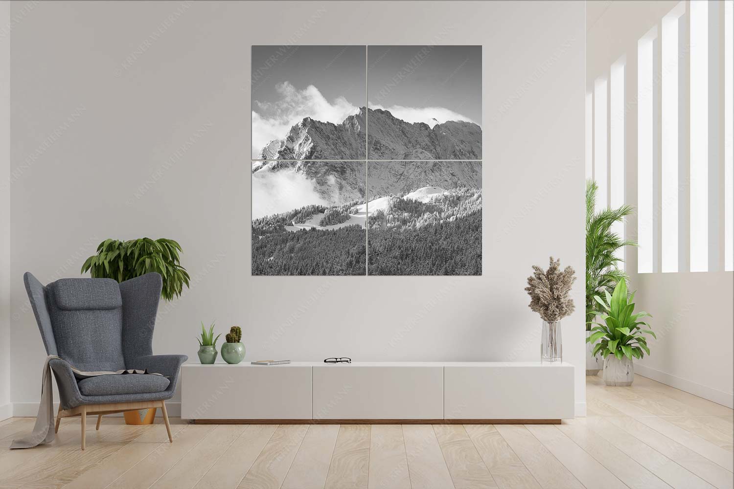 Wetterstein-Rendezvous – Wandbild – 4er Split, Größe ca. 180x180cm, Seitenverhältnis 1:1 — Hoher Kranzberg mit Wettersteinspitzen Nach Neuschneefällen präsentieren sich das Kranzberggebiet mit den hoch aufragenden Wettersteinwänden - Wetterstein-Rendezvous - Wandbild - 4er Split, Größe ca. 180x180cm, Seitenverhältnis 1:1 - Hoher Kranzberg mit Wettersteinspitzen - weitere Infos unter https://www.kriner-weiermann.de