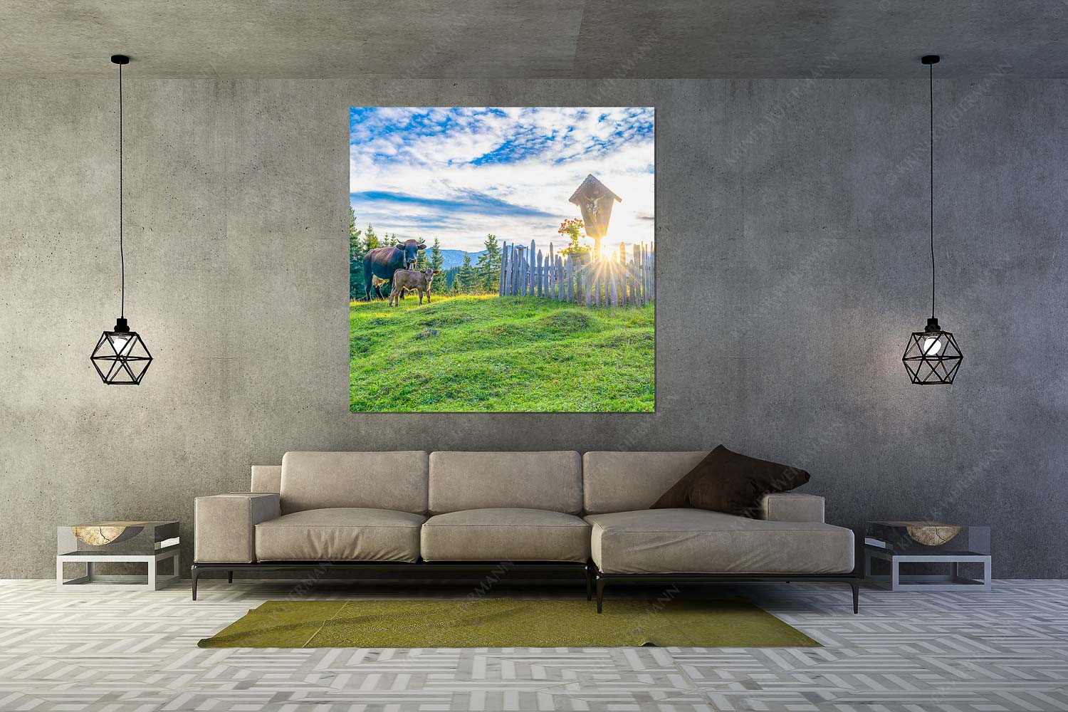 Wohl behütet – Wandbild – Größe ca. 160x160cm, Seitenverhältnis 1:1 — Mutterkuh Kalb Feldkreuz Mutterkuh mit Kalb und Feldkreuz mit Blick zum Karwendelgebirge - Wohl behütet - Wandbild - Größe ca. 160x160cm, Seitenverhältnis 1:1 - Mutterkuh Kalb Feldkreuz - weitere Infos unter https://www.kriner-weiermann.de