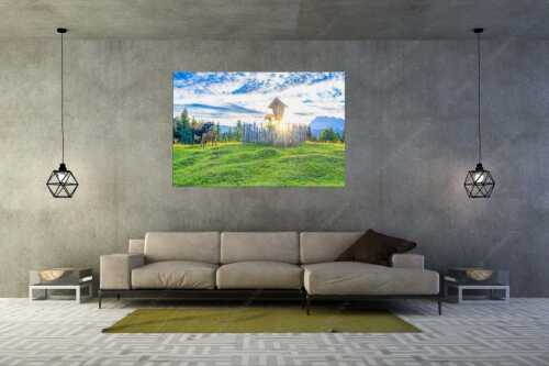 Mutterkuh mit Kalb und Feldkreuz mit Blick zum Karwendelgebirge - Wohl behütet - Wandbild - Größe ca. 180x120cm, Seitenverhältnis 3:2 - Mutterkuh Kalb Feldkreuz - weitere Infos unter https://www.kriner-weiermann.de