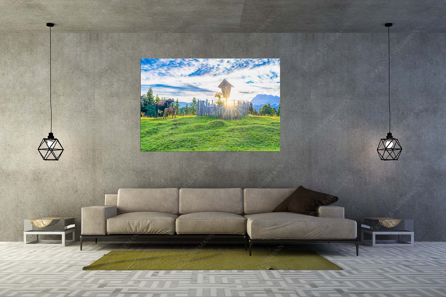 Mutterkuh mit Kalb und Feldkreuz mit Blick zum Karwendelgebirge - Wohl behütet - Wandbild - Größe ca. 180x120cm, Seitenverhältnis 3:2 - Mutterkuh Kalb Feldkreuz - weitere Infos unter https://www.kriner-weiermann.de