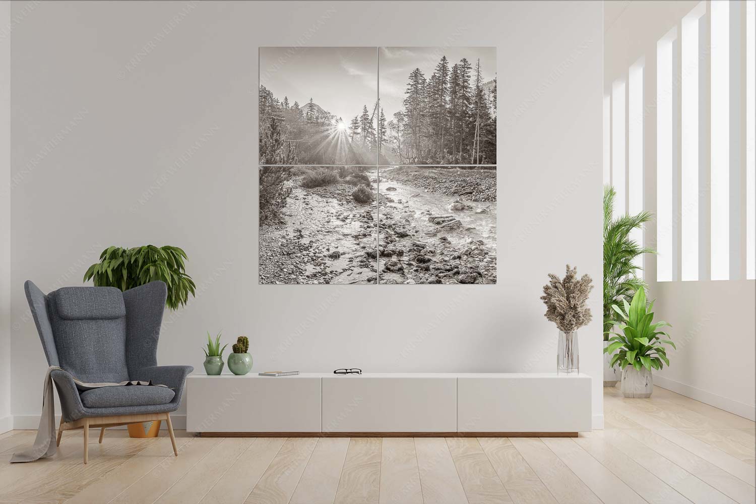 Sonnenaufgang am Isarursprung - Isarursprung I - Wandbild - 4er Split, Größe ca. 180x180cm, Seitenverhältnis 1:1 - Isarursprung Karwendel - weitere Infos unter https://www.kriner-weiermann.de