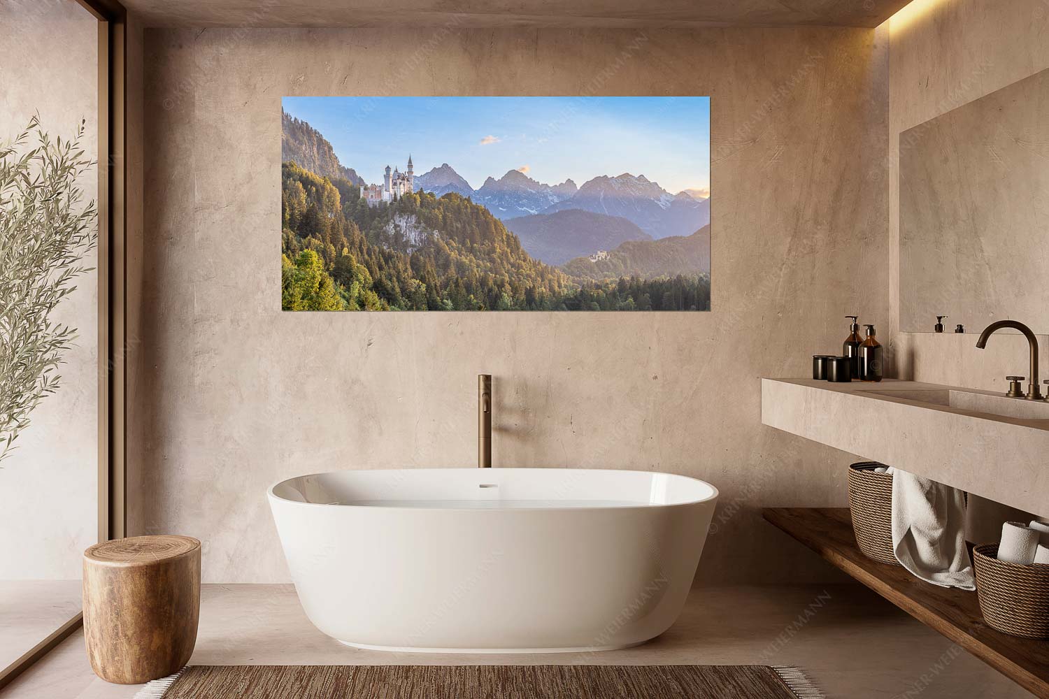 Schloss Neuschwanstein und Schloss Hohenschwangau bei Sonnenuntergang - Königliche Landschaft - Wandbild - Größe ca. 180x90cm, Seitenverhältnis 2:1 - Schloss Neuschwanstein - weitere Infos unter https://www.kriner-weiermann.de