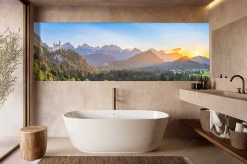 Schloss Neuschwanstein und Schloss Hohenschwangau bei Sonnenuntergang - Königliche Landschaft - Wandbild - Größe ca. 300x100cm, Seitenverhältnis 3:1 - Schloss Neuschwanstein - weitere Infos unter https://www.kriner-weiermann.de
